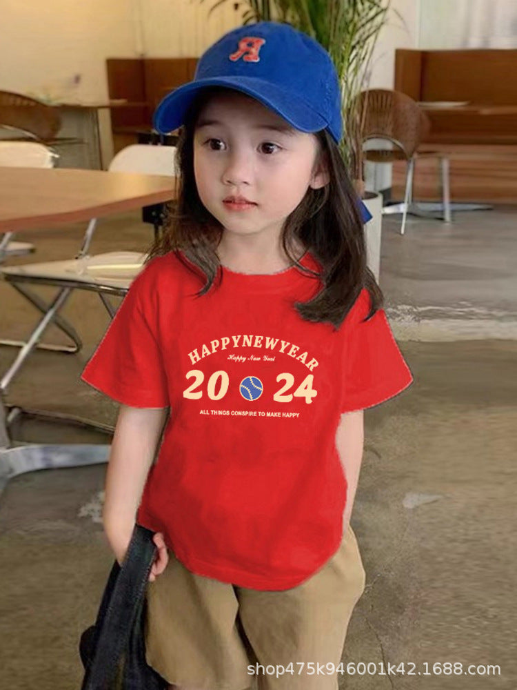 Z23122110批發兒童加絨衛衣圓領龍年拜年男女童紅色t卹上衣2024新年衣服潮(9-12天到貨)