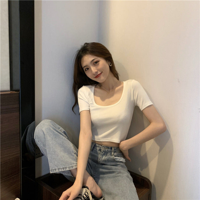 Z24070205夏季短袖T恤女韓版修身露臍短款T恤女裝批發外貿