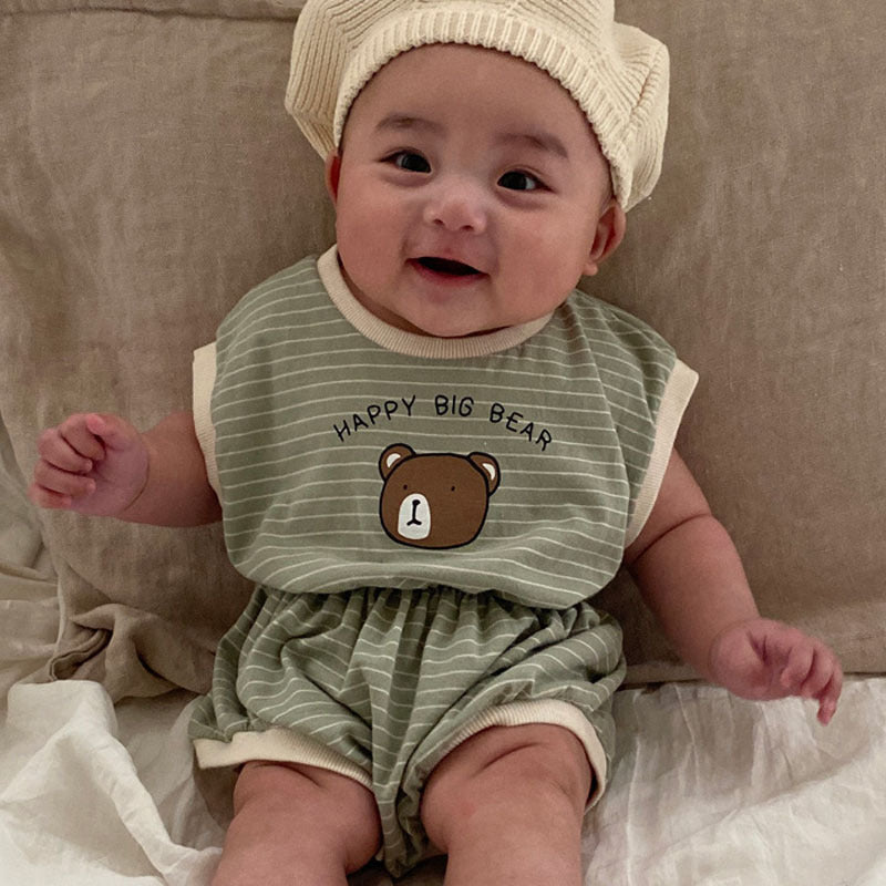 GB23080303韓版ins嬰幼兒條紋小熊短袖連體衣寶寶可愛舒服鬆緊腰爬服夏