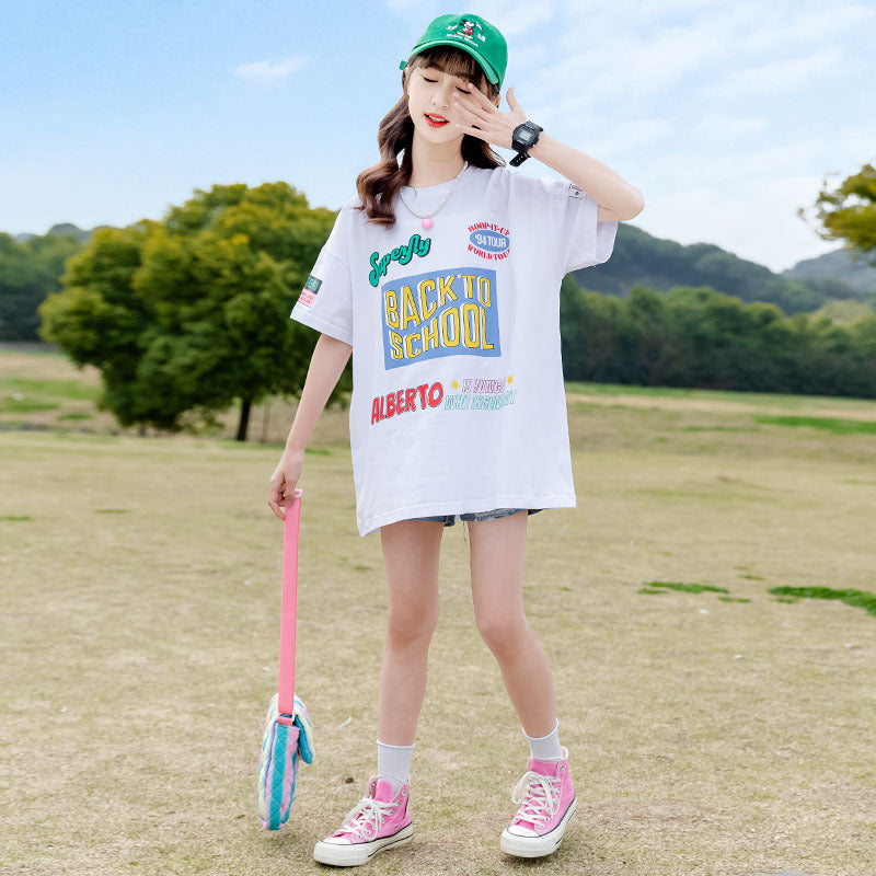 FE24070104女童夏裝短袖T2024年T恤新韓版洋氣中大童夏季網紅半袖上衣潮(9-12天到貨)
