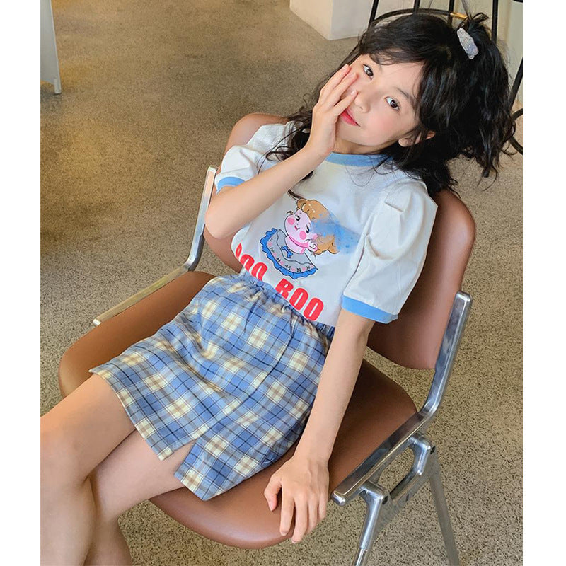 F23062220韓版童裝2023夏季新款百搭泡泡袖短袖T恤可愛格子包裙套裝兩件套