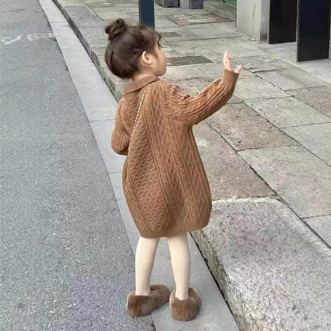 CF25091919韓系童裝秋冬新款兒童中長款寬鬆毛衣裙女童麻花針織