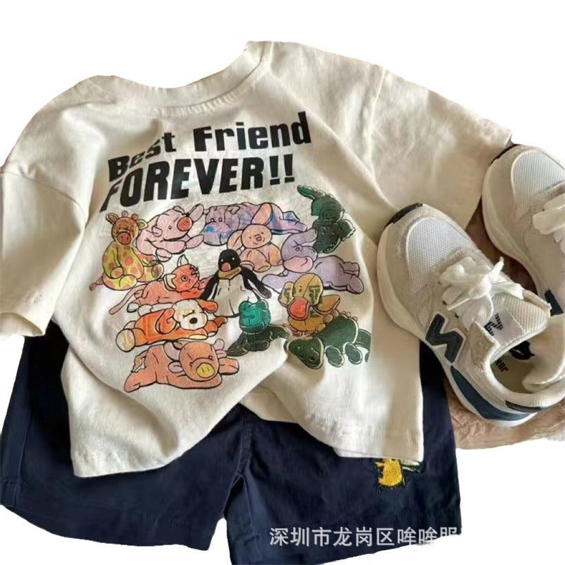 Z25030929爆款!夏季100%純棉吸汗兒童短袖男童女童卡通半袖上衣中小寶T恤