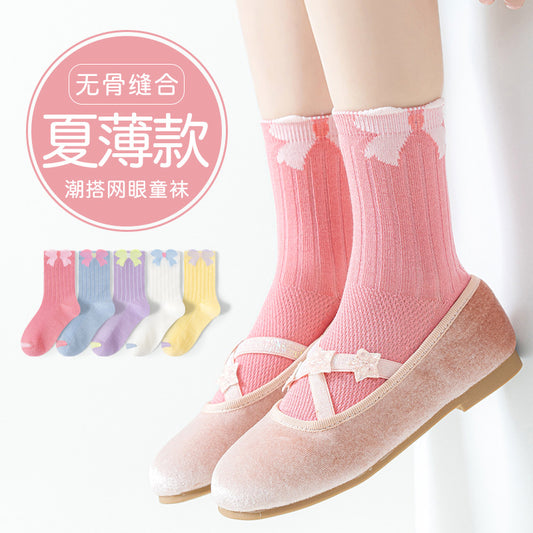 GI25073103兒童襪子春夏薄款可愛蝴蝶結女童網眼純色女孩日繫針織中筒棉襪
