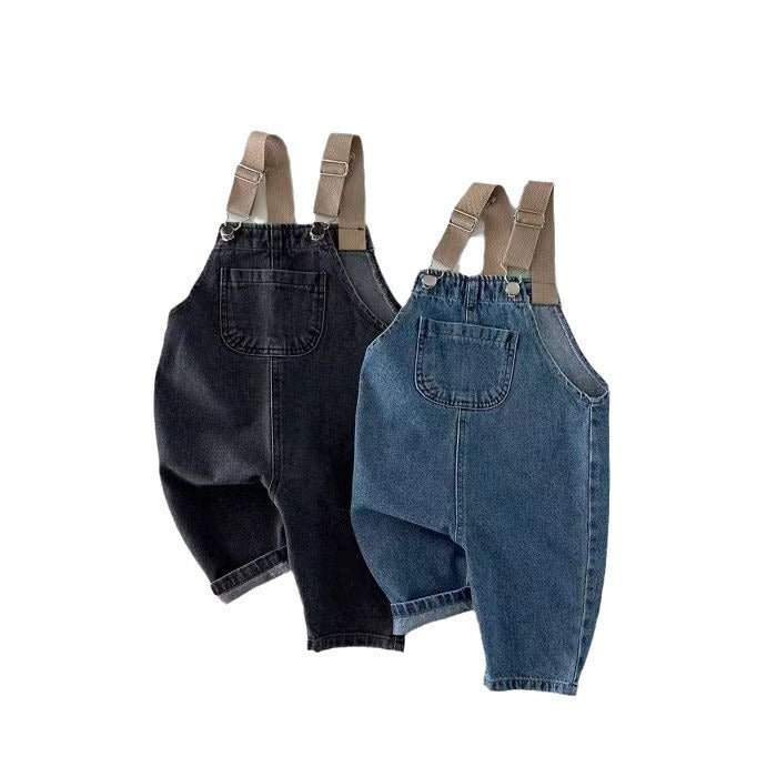 GB25032419韓版ins拼色背帶帶子男女寶寶連身背帶褲春秋款百搭純色牛仔褲