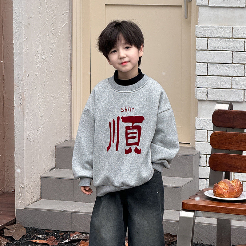 CA24121804男童加絨衛衣2025新款冬季加厚一體絨過年新年紅色喜慶兒童拜年服