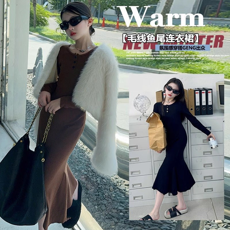 Z25033112女童裙春秋女大童秋裝時尚魚尾裙兒童裝潢身打底連身裙