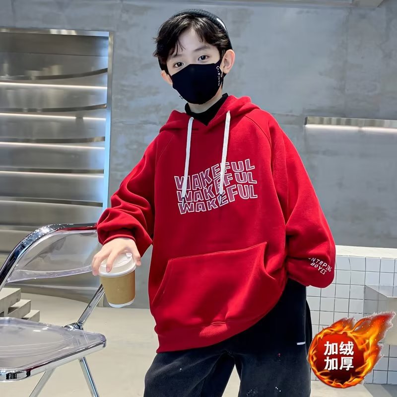 FD24010421男童紅色衛衣加絨加厚冬季中大兒童裝秋冬款龍年連帽拜年服上衣潮