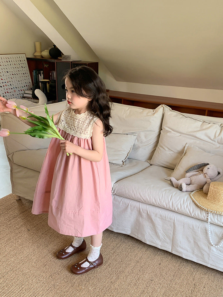 Z240328女童公主裙夏季新款韓版蕾絲繡花無袖背心裙低中小童