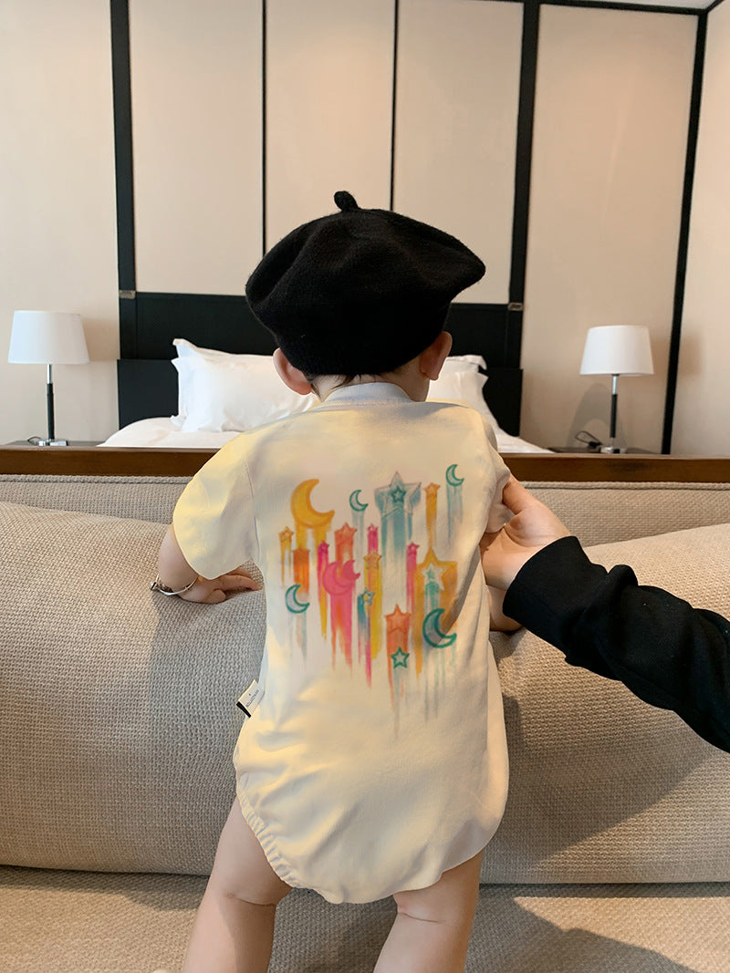 L23070615網紅炸街親子裝夏裝潮一家三口嬰兒爬服母子母女洋氣純棉星星t恤