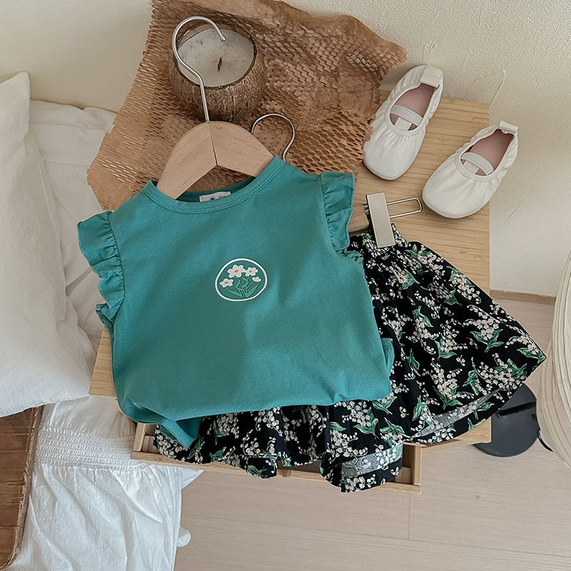 J24022901歐美風女童短袖套裝夏季新品童裝批發女幼童蝴蝶印花T恤兩件套