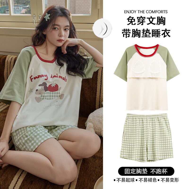 Z25040107自備胸墊睡衣女夏季純棉短袖簡約條紋可外穿學生家居服套裝