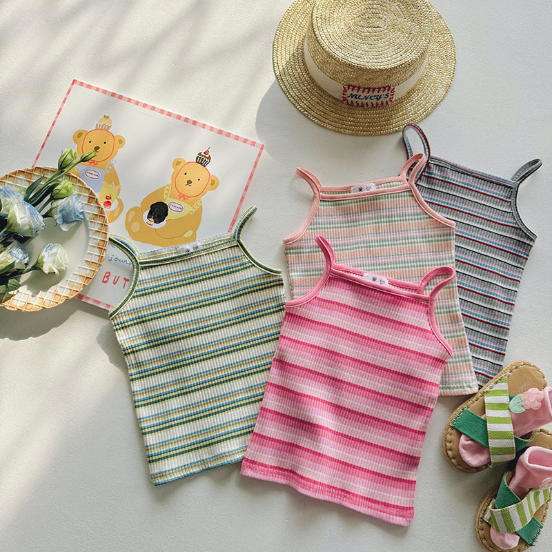 J24022908跨國女童吊帶衫外貿色夏裝女寶無袖上衣卡通刺繡修身彈性休閒背心