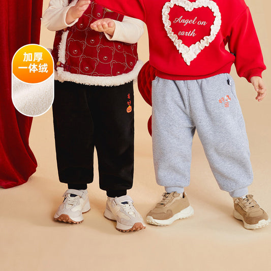 CA24011810兒童保暖褲子龍年拜年服男童加絨衛褲2023秋冬新款棉褲女童加厚褲