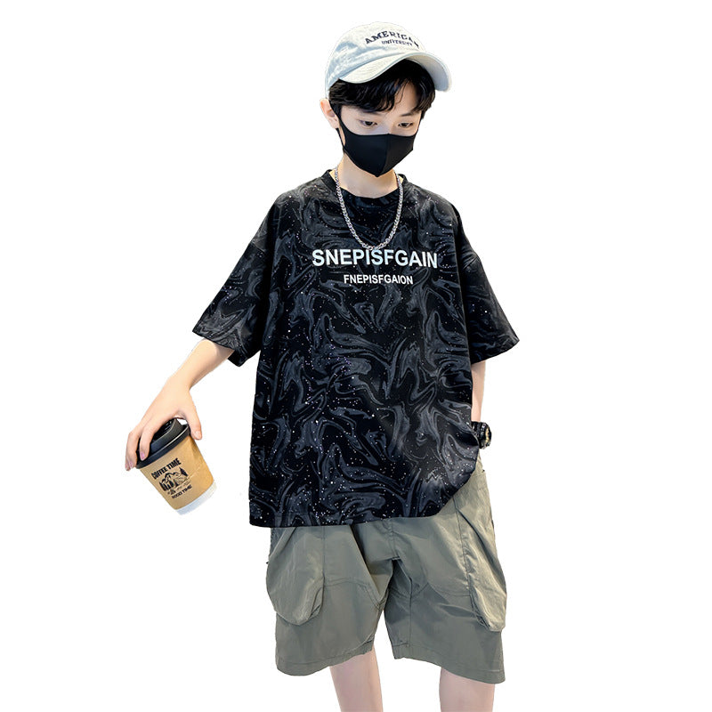 🎈精品童裝🎈FH25062707男童個性撒銀工藝T恤夏季新款大兒童裝夏款圓領短袖上衣潮