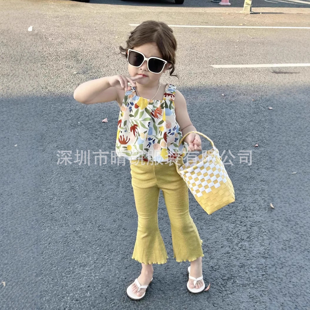 A25072304女童碎花吊帶套裝夏季女寶寶無袖背心喇叭褲兩件套