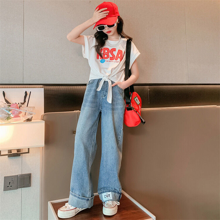 F24031010女童夏裝套裝2024新款洋氣兒童女大童寬鬆夏季短袖T恤兩件套童裝