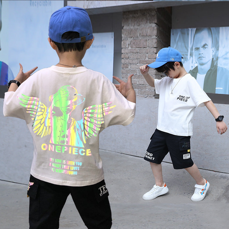 F23050219男童套裝2023夏裝新款寬鬆九分薄款防蚊褲兩件套-中大童