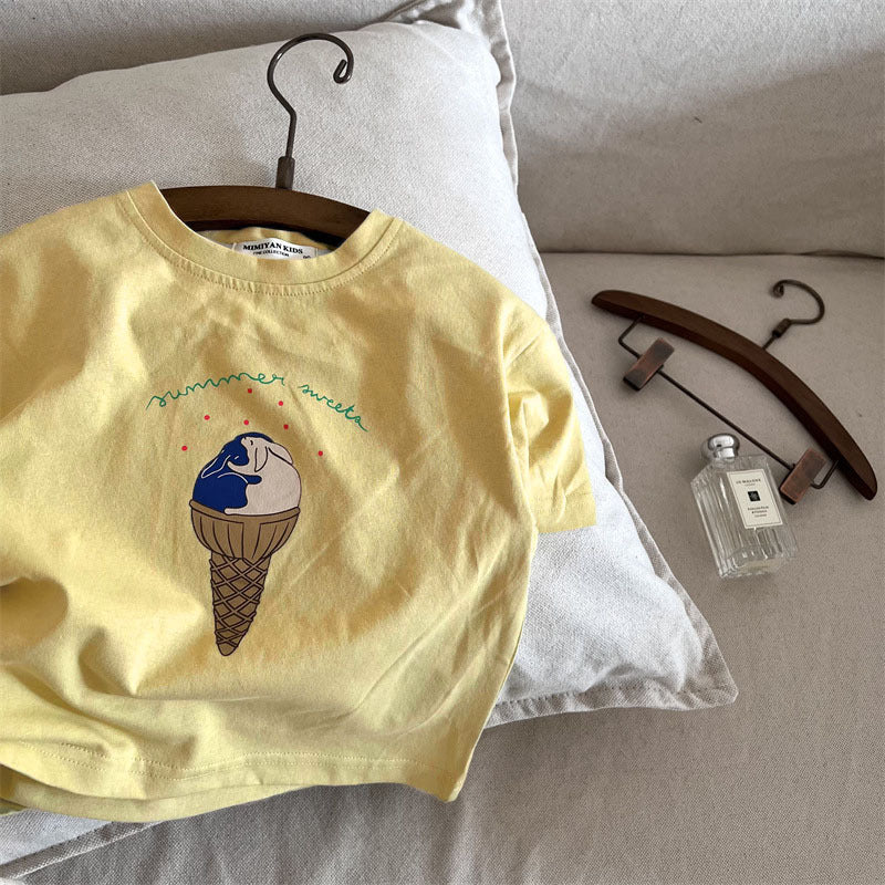 CA25052120兒童短袖夏季新款男女童圓領卡通印花T恤寶寶純色日系潮衫