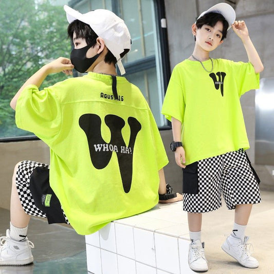 FB24070109男童夏裝套裝2024新款夏季兒童中大童短袖T恤男孩帥氣韓版兩件套