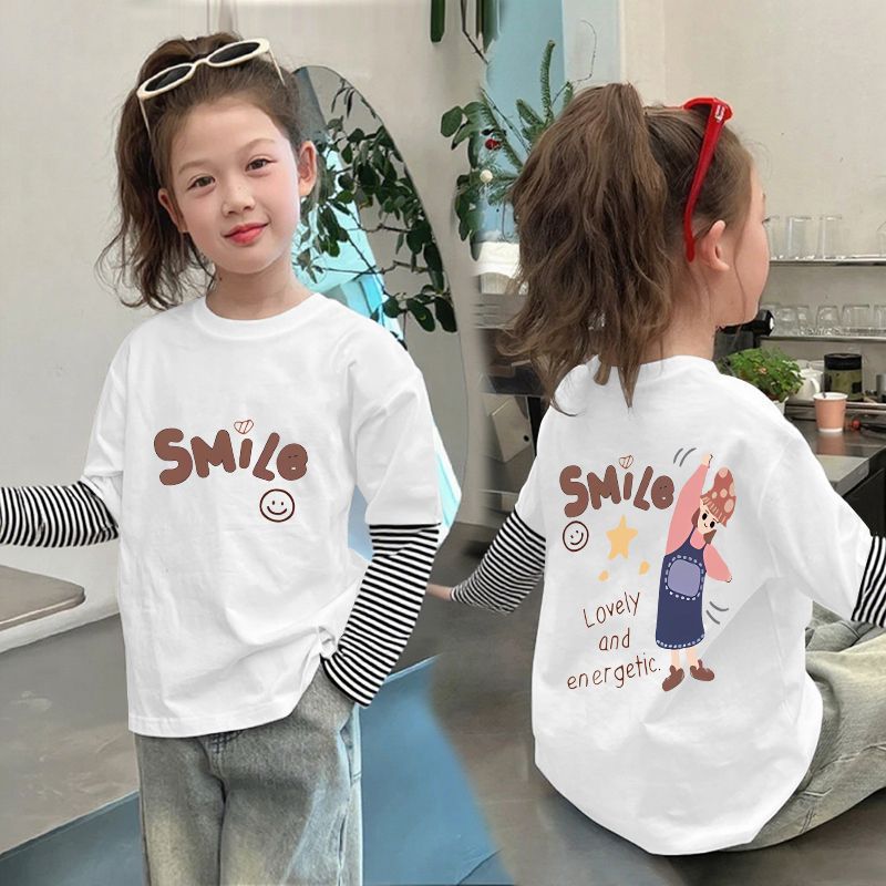 CE25091902女童純棉長袖T恤兒童假兩件條紋上衣春秋裝新款小孩洋氣打底衫