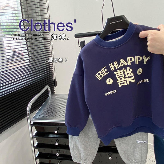 CA24121806冬季新款男童加絨套頭衛衣中小童加厚外套兒童年服寶寶紅色新款