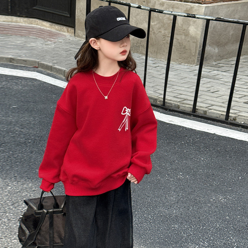 Z25010136女童冬装加绒红色喜庆卫衣2025新款中大童新年服本命年宽松上衣潮