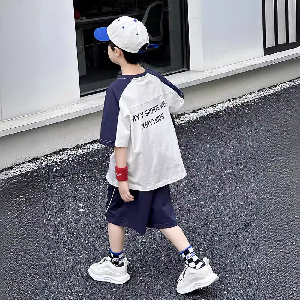 FB24070105男童夏裝套裝2024夏季時尚薄款童裝兒童短袖運動兩件套大男孩球服