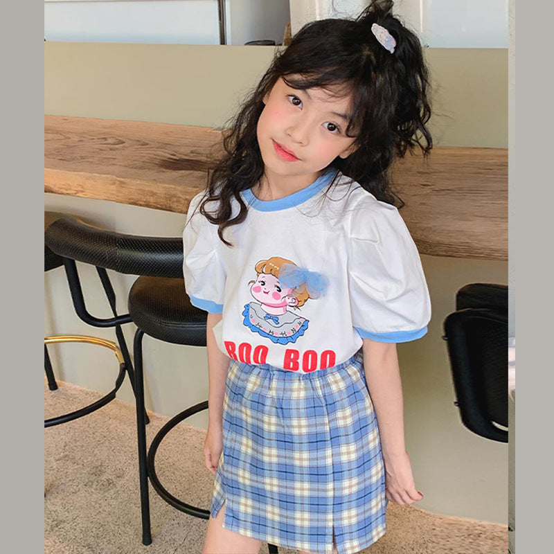 F23062220韓版童裝2023夏季新款百搭泡泡袖短袖T恤可愛格子包裙套裝兩件套