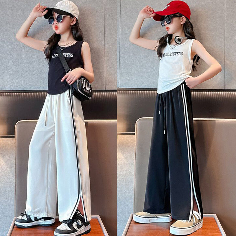 F24050712女童夏裝套裝2024時尚兒童時尚無袖背心寬鬆褲子女大童夏季兩件套