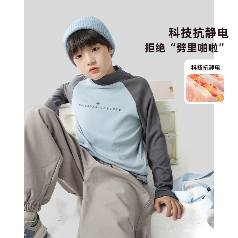 FF24102507秋冬男女孩t恤雙拼色插肩保暖上衣椰絨自發性熱半高領兒童打底衫(9-12天到貨)