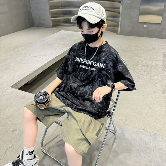 🎈精品童裝🎈FH25062707男童個性撒銀工藝T恤夏季新款大兒童裝夏款圓領短袖上衣潮