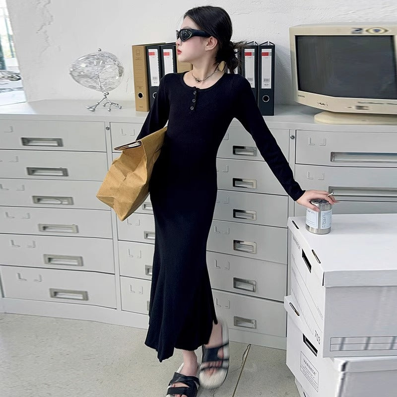 Z25033112女童裙春秋女大童秋裝時尚魚尾裙兒童裝潢身打底連身裙