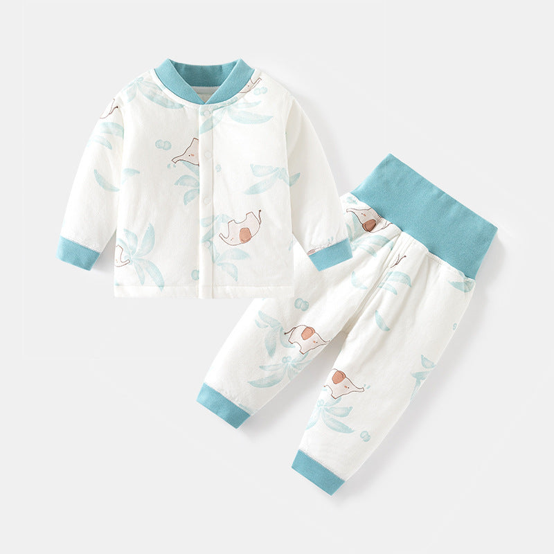 GJ25102101嬰兒夾棉內衣套裝兒童秋冬打底對開秋衣褲男女寶寶薄棉高腰護肚秋