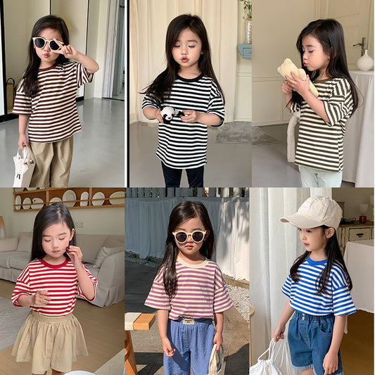 J24022911童T恤2024春季男女童韓版條紋短袖兒童圓領休閒寬鬆上衣