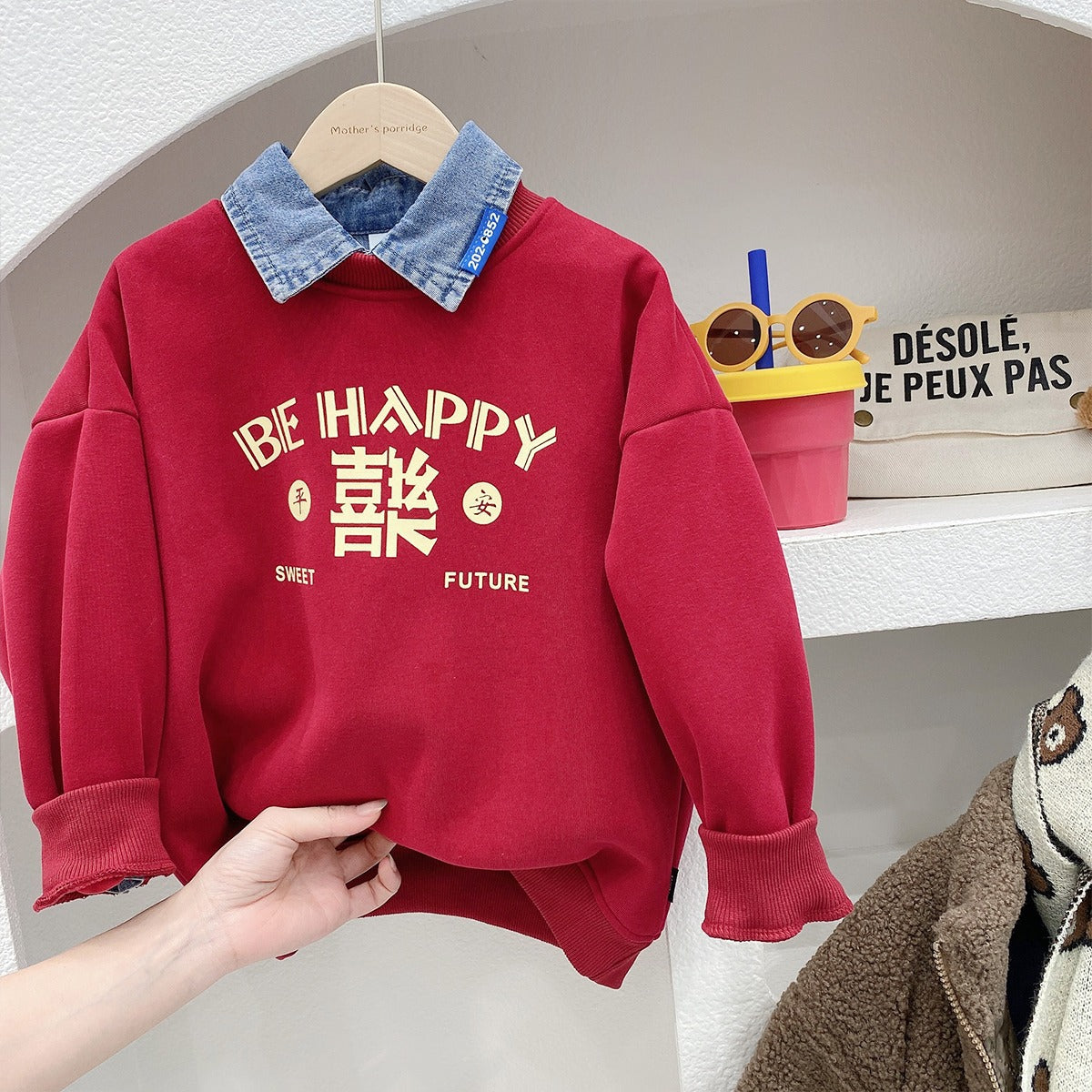 CA24011805兒童加絨衛衣童裝男童2023冬季新款男女童紅色新年百搭套頭衫童裝