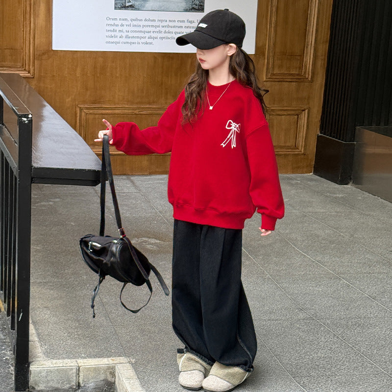 Z25010136女童冬装加绒红色喜庆卫衣2025新款中大童新年服本命年宽松上衣潮