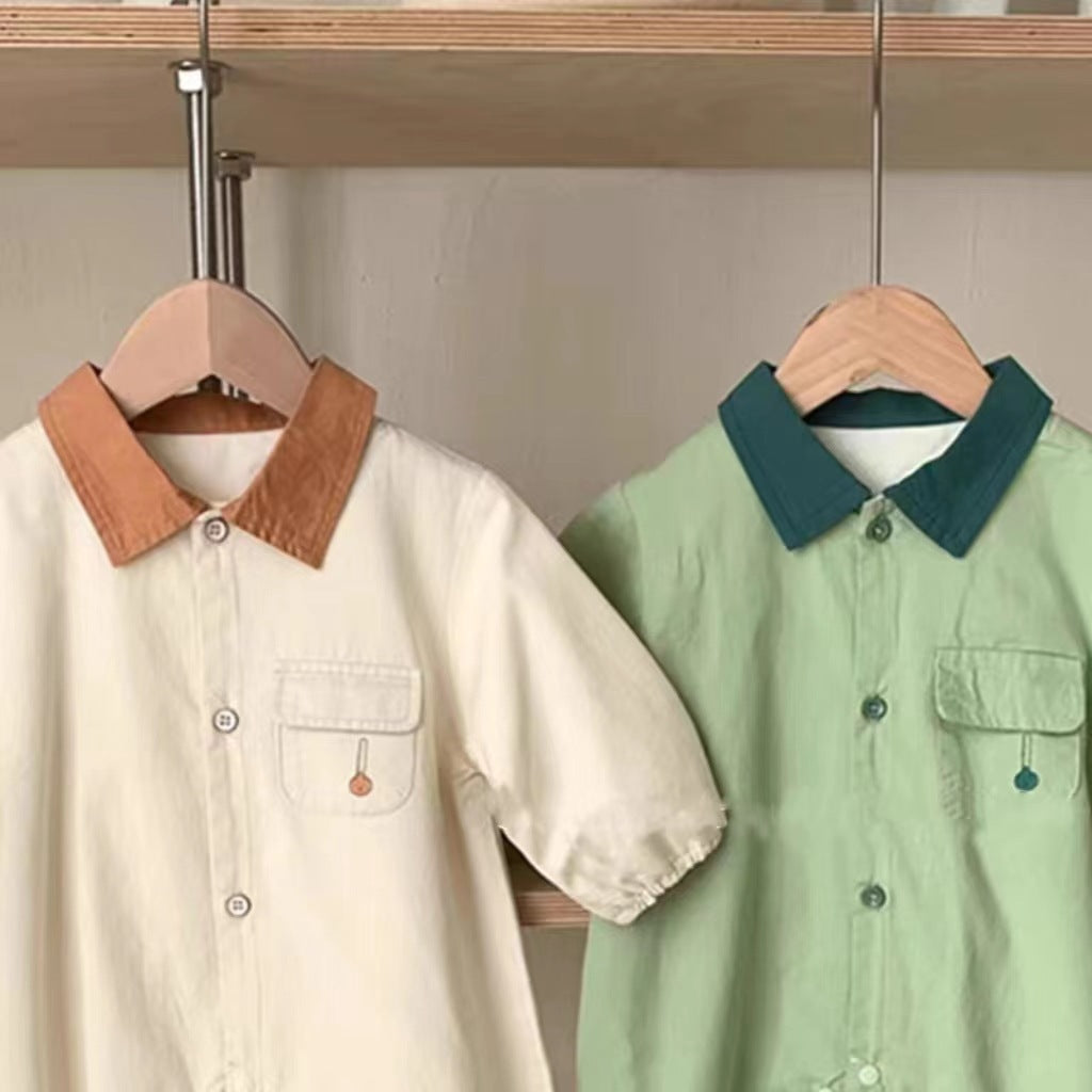 GB23091418韓版ins嬰幼兒襯衫連體爬服春秋款洋氣工裝翻領清新童裝外出拍照