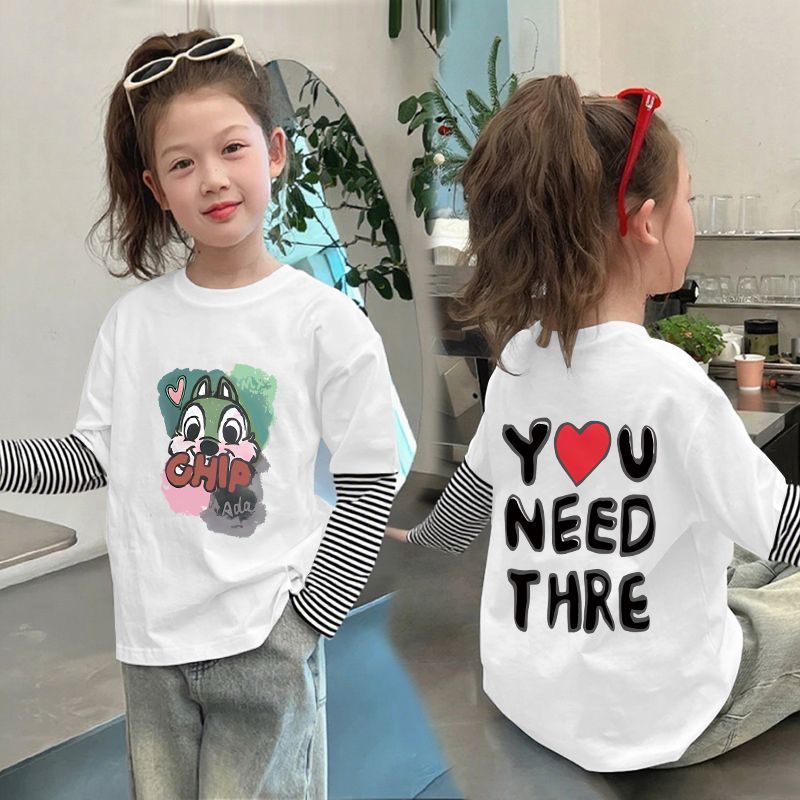 CE25091902女童純棉長袖T恤兒童假兩件條紋上衣春秋裝新款小孩洋氣打底衫