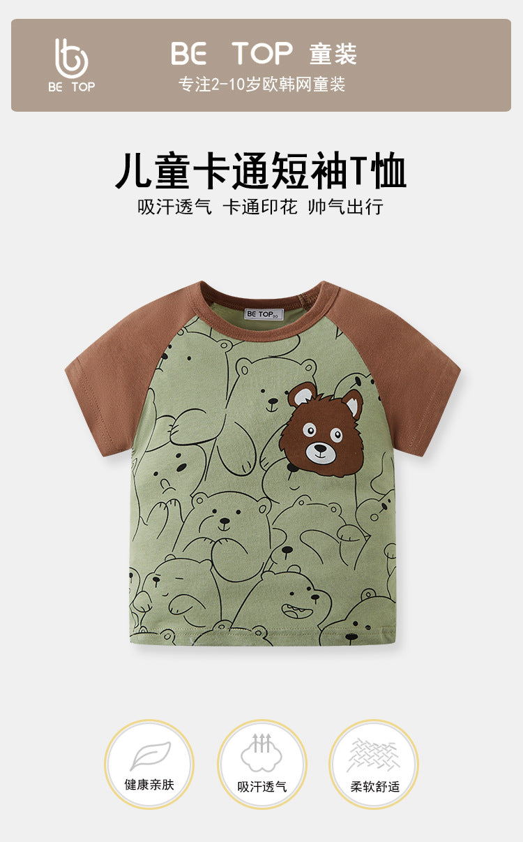 B24032406卡通童裝滿服印小熊兒童短袖T圓領寶寶插袖上衣潮