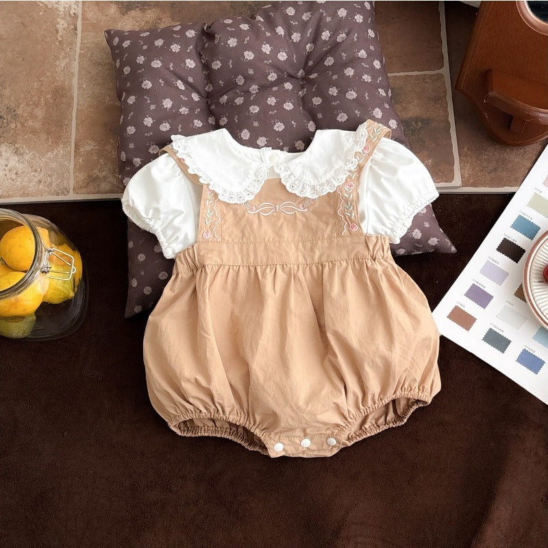 GH25070711女寶寶夏季薄款哈衣ins小兔爬服a類親膚送帽子嬰兒波點吊帶包屁衣(熱銷商品—庫存不多僅上架批發2周)