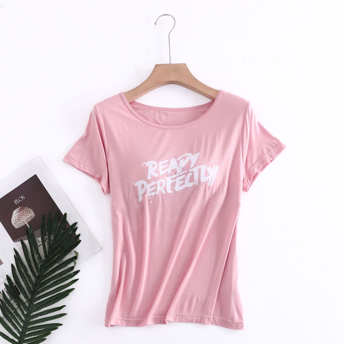 Z24070209莫代爾印花短袖女用胸墊無鋼圈大眾版短袖bra-t罩杯連身式半袖