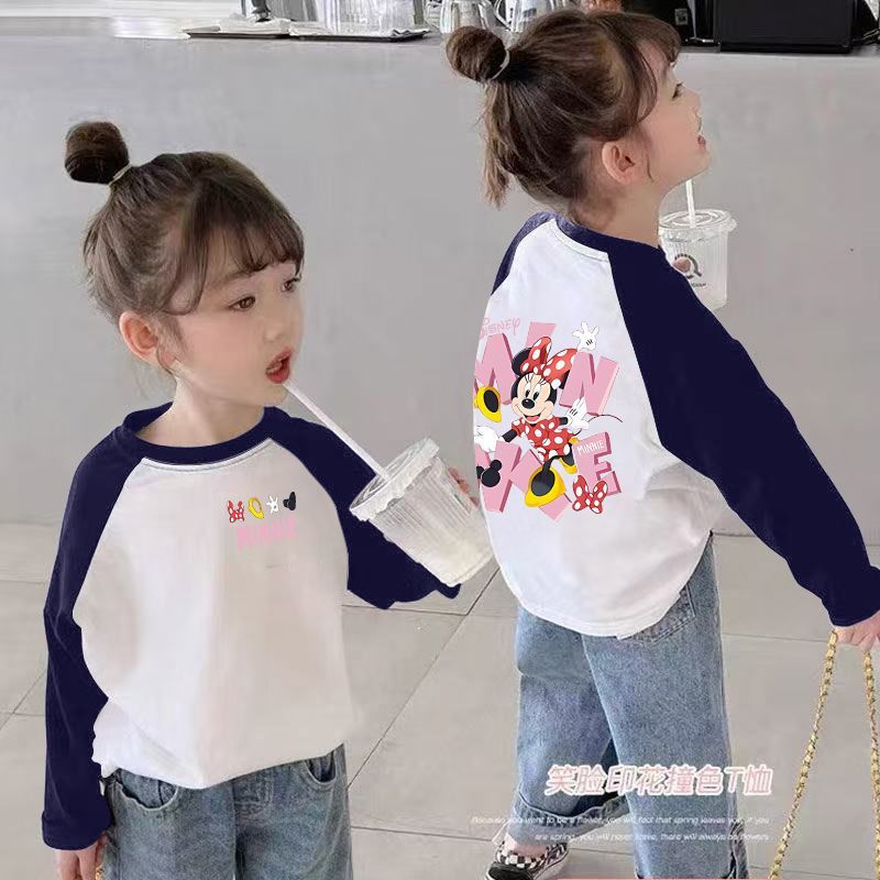 CE25091901女童長袖t卹春秋裝新款兒童撞色卡通洋氣女孩中大童打底上衣