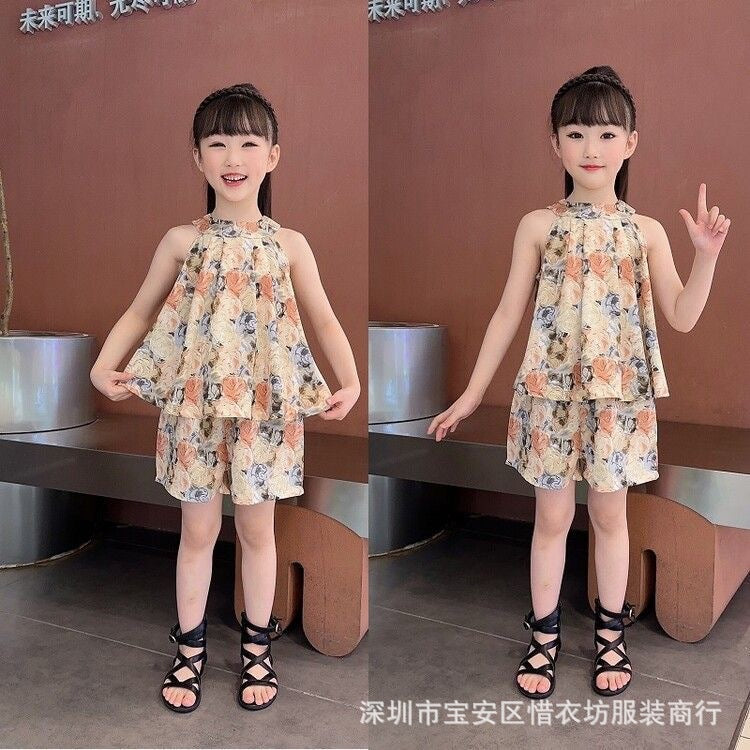 A25072303女民族風夏季新款女童無袖套裝兒童女孩洋氣薄款雪紡中小童