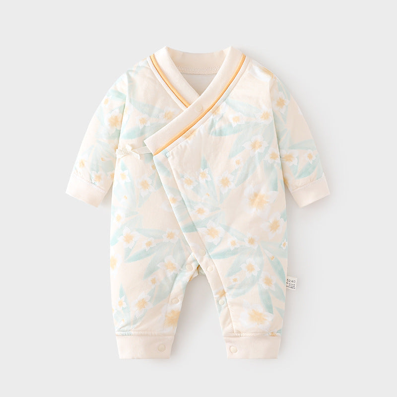 GJ25102112新生夾棉連身衣薄棉無骨哈衣秋季純棉初生40克蝴蝶寶寶爬衣