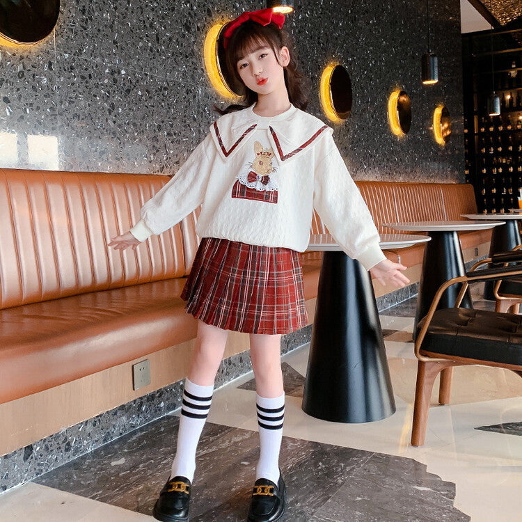 F23090728童裝時尚背帶褲套裝春款韓版中大童女孩條紋網紅兩件套