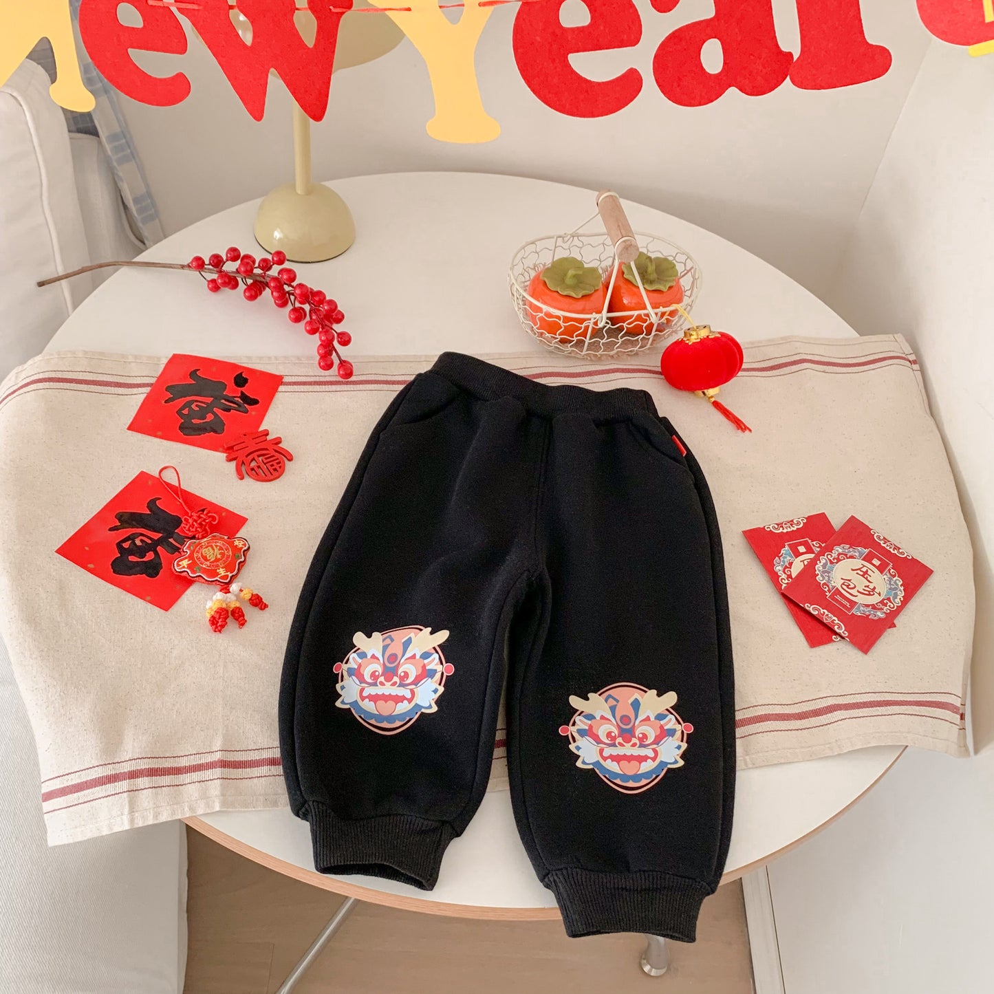 CA24011807秋冬季龍年拜年兒童加絨褲卡通休閒男女褲子外穿保暖寶寶睡褲裝