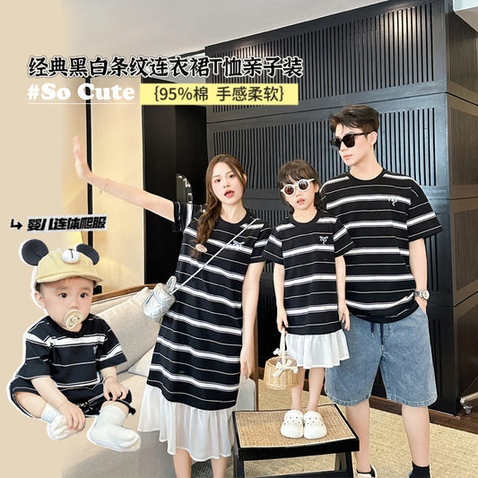 L25041714時尚親子裝夏季2025全新三口條紋嬰兒母女韓系度假休閒家庭裝