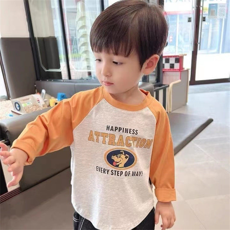 Z25030924純棉柔軟長袖秋季男女兒童可愛T恤中小寶圓領套頭卡通印花打底衫