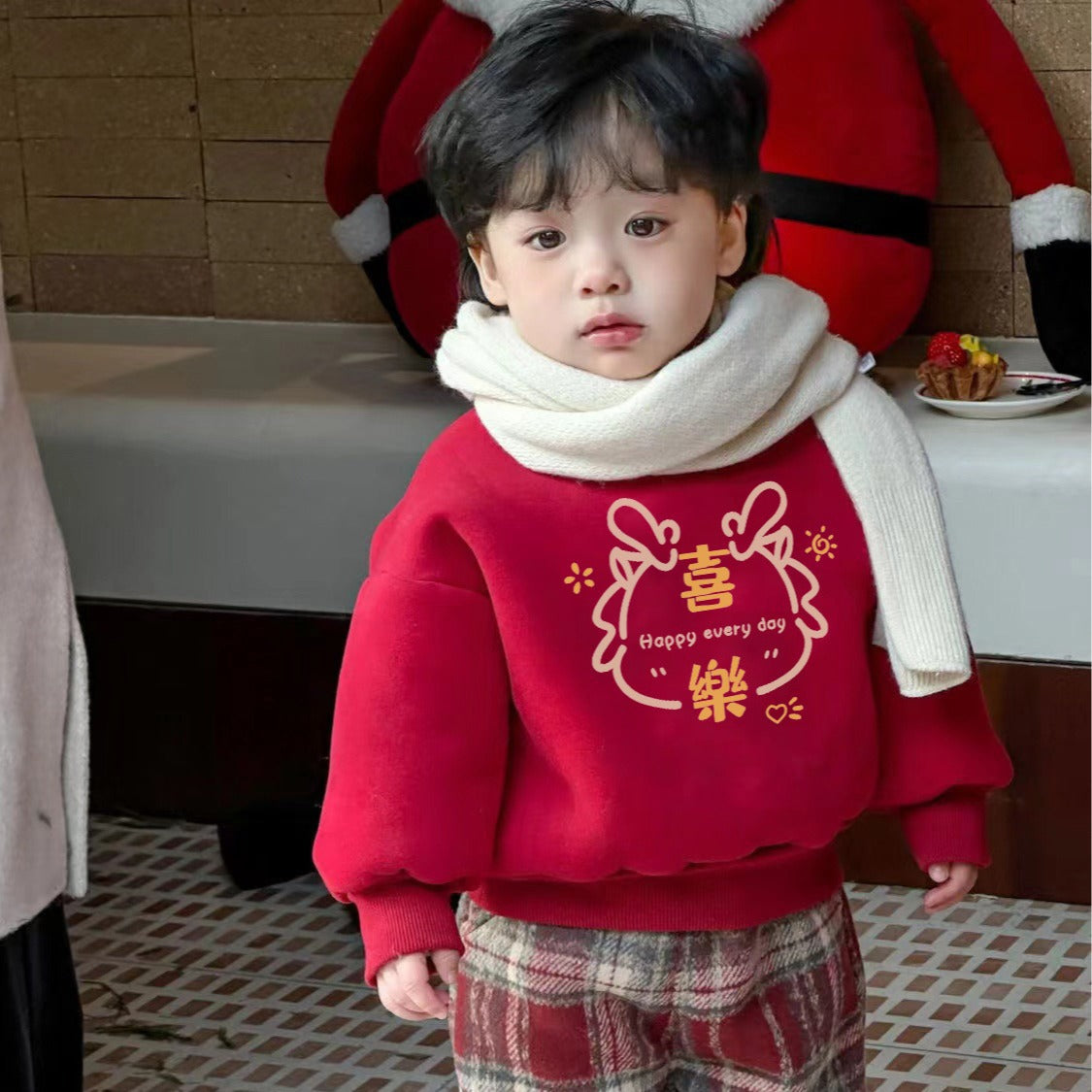 CA24011808紅色新年款喜慶男女童衛衣套裝加絨韓版冬裝保暖寶寶圓領絨衫上衣